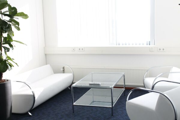 Moderne wachtruimte aan de Laan van ’s-Gravenmade met witte zitmeubels, een glazen salontafel en een grote kamerplant.